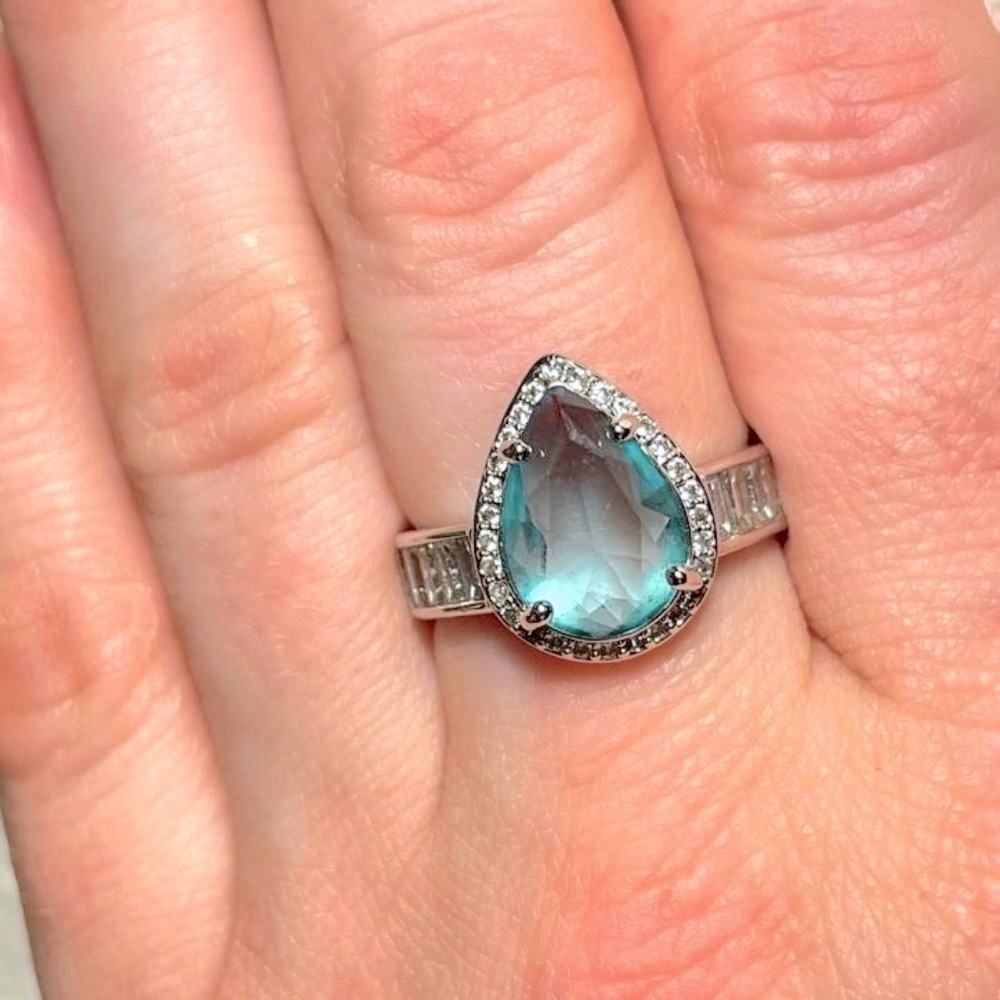 NIB ♥︎ 925 STERLING Pear Shape Aquamarine Blue Diamond Ring 💎💍 sz 8